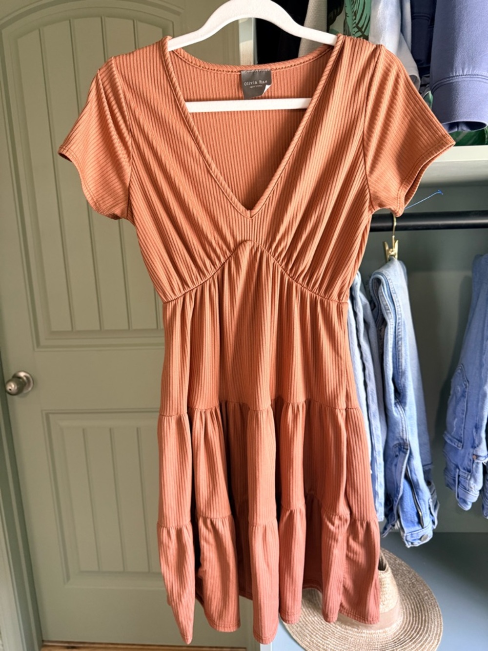 Olivia Rae Ribbed V-Neck Tiered Mini Dress in Terracotta